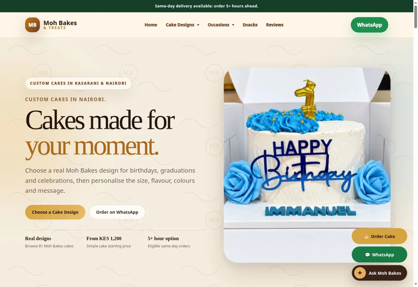 Moh Bakes website showing its cake catalogue and ordering journey